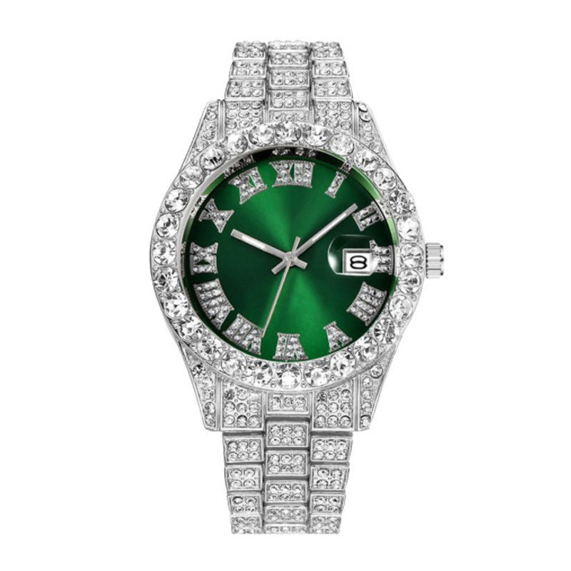 Reloj de cuarzo con diamantes y escala romana estilo hip hop con cinturón de acero para hombre