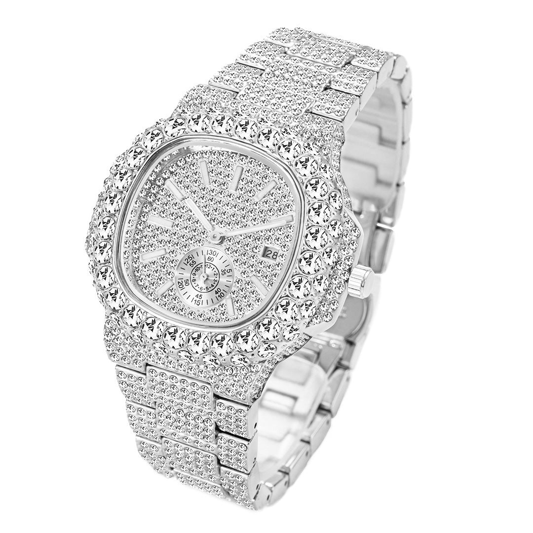 Reloj de oro para hombre, de cuarzo, luminoso, resistente al agua, con calendario de hip hop y diamantes completos