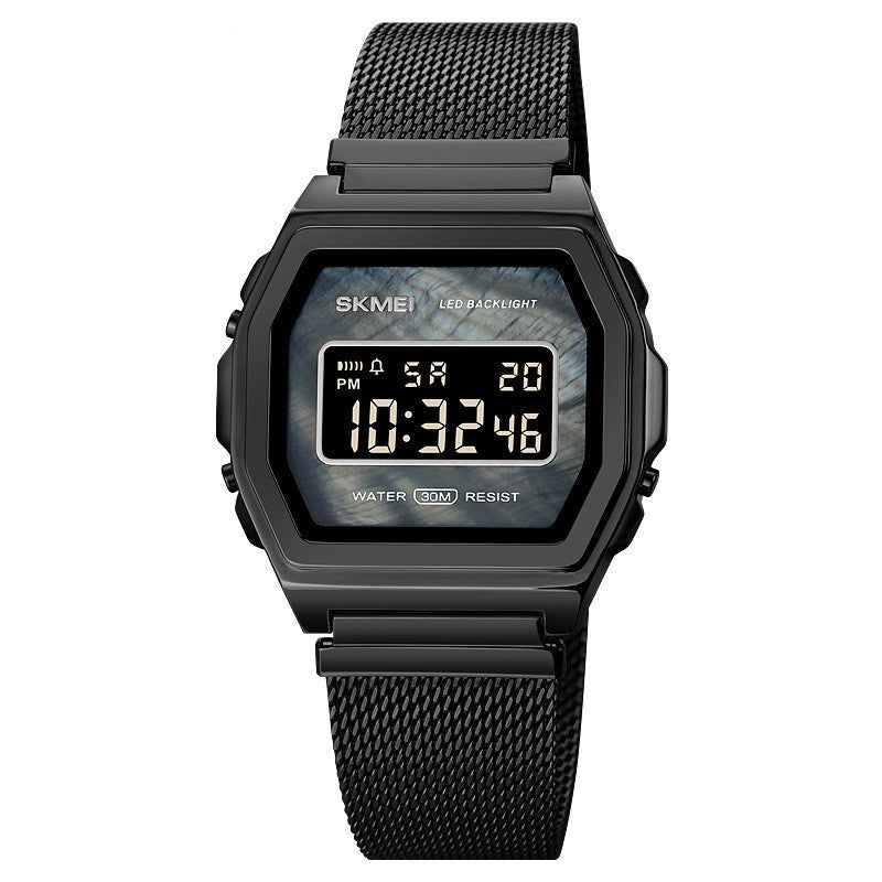 Reloj electrónico de acero inoxidable resistente al agua con personalidad y tendencia multifunción a la moda para estudiantes