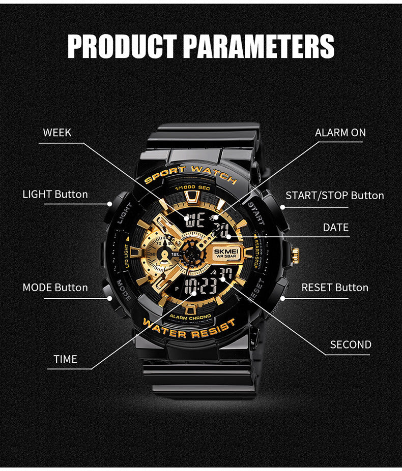 Reloj electrónico clásico deportivo de moda en oro negro con doble pantalla para estudiantes, reloj para adolescentes, niños y niñas