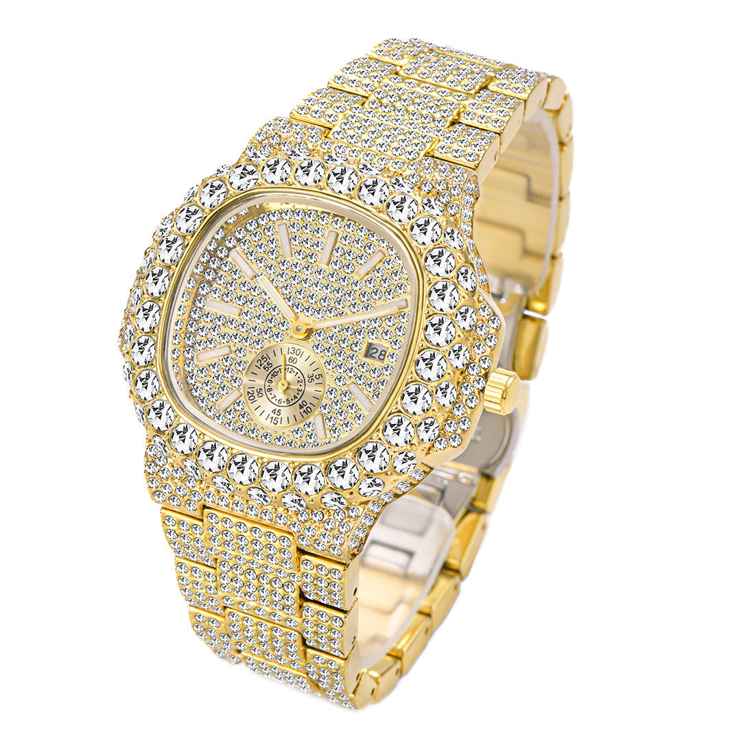 Reloj de oro para hombre, de cuarzo, luminoso, resistente al agua, con calendario de hip hop y diamantes completos