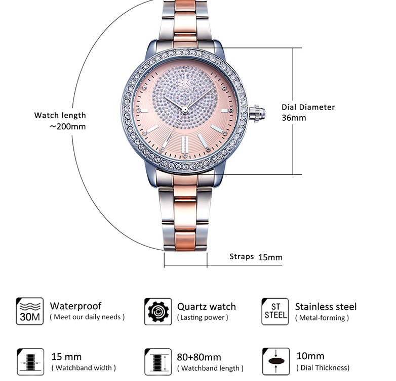 Women's fashion diamond-studded steel business watch