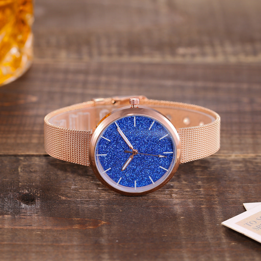 Reloj de pulsera romántico con diseño de cielo estrellado para mujer, informal, con correa de malla de acero y oro rosa, reloj con diamantes de imitación, reloj femenino