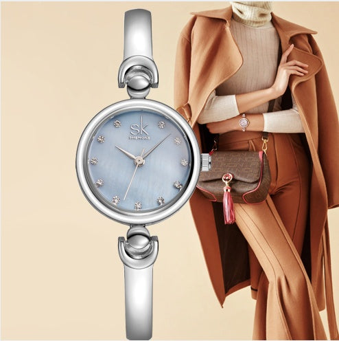 Reloj de cuarzo de acero de marca de lujo con diamantes de imitación SK, reloj de moda para mujer, reloj de pulsera para mujer, regalo, reloj de pulsera de oro plateado para mujer