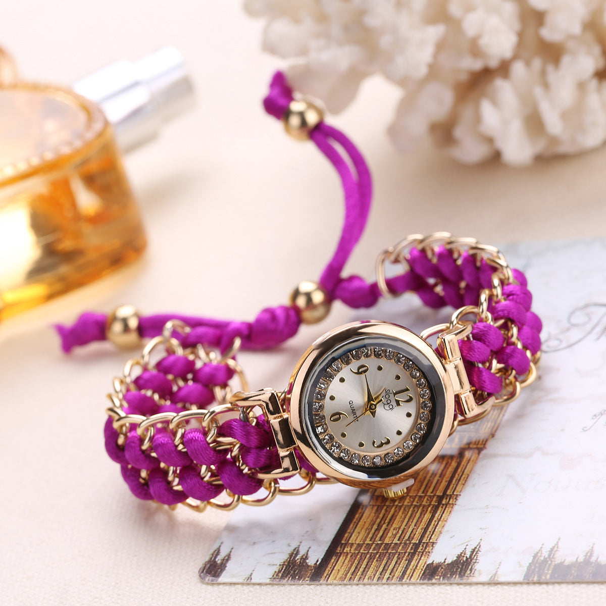 Reloj de pulsera analógico de cuarzo con movimiento de cuerda de punto y cadena de alta calidad para mujer