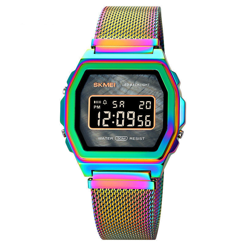Reloj electrónico de acero inoxidable resistente al agua con personalidad y tendencia multifunción a la moda para estudiantes