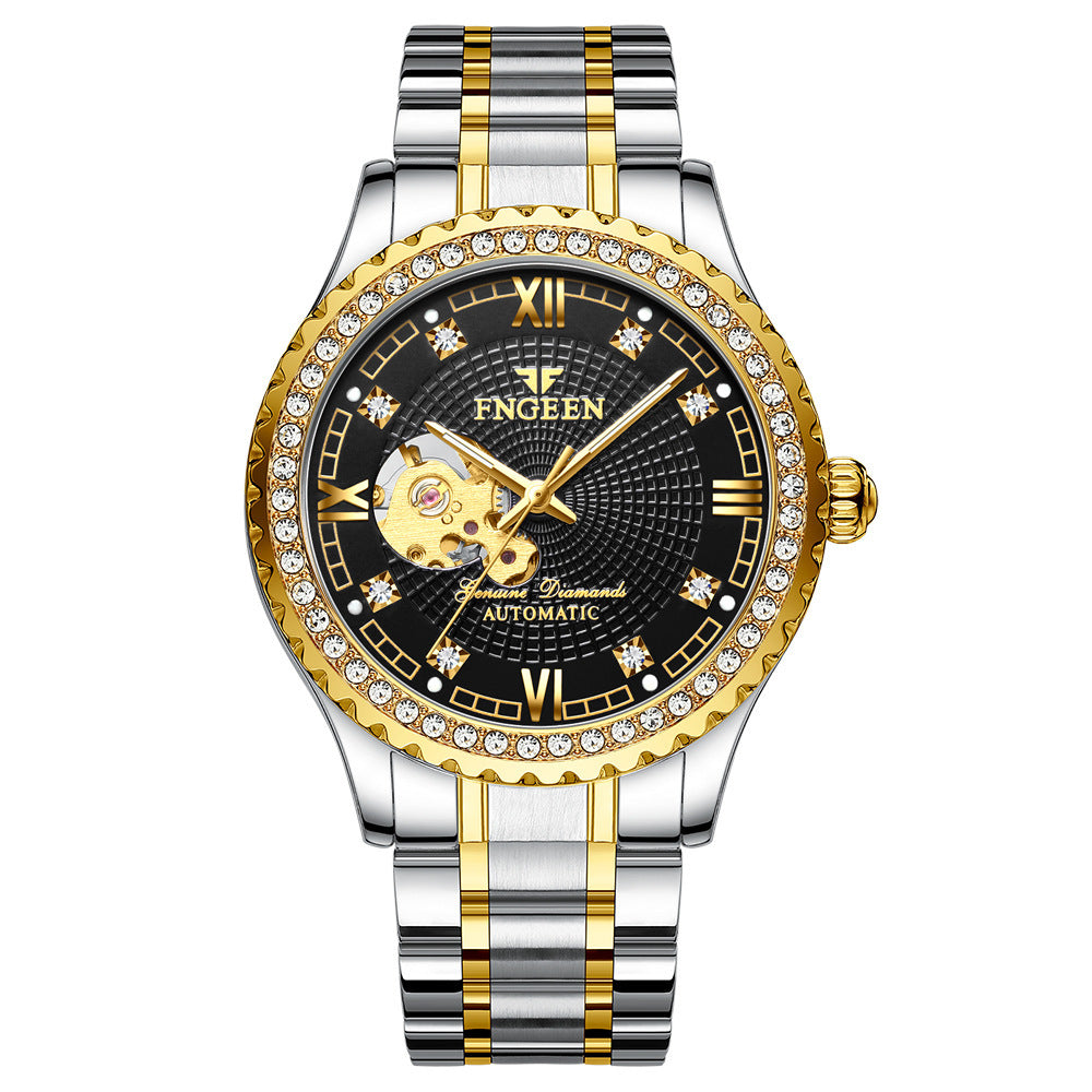 Reloj mecánico automático impermeable con diamantes para hombre, reloj de moda, reloj dorado, reloj hueco para hombre