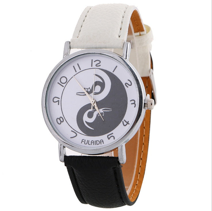 Reloj analógico de cuarzo con correa de piel sintética y estampado de gato lindo Yin-Yang para mujer