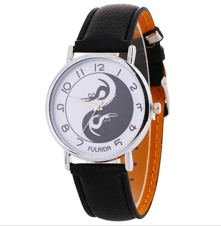Reloj analógico de cuarzo con correa de piel sintética y estampado de gato lindo Yin-Yang para mujer