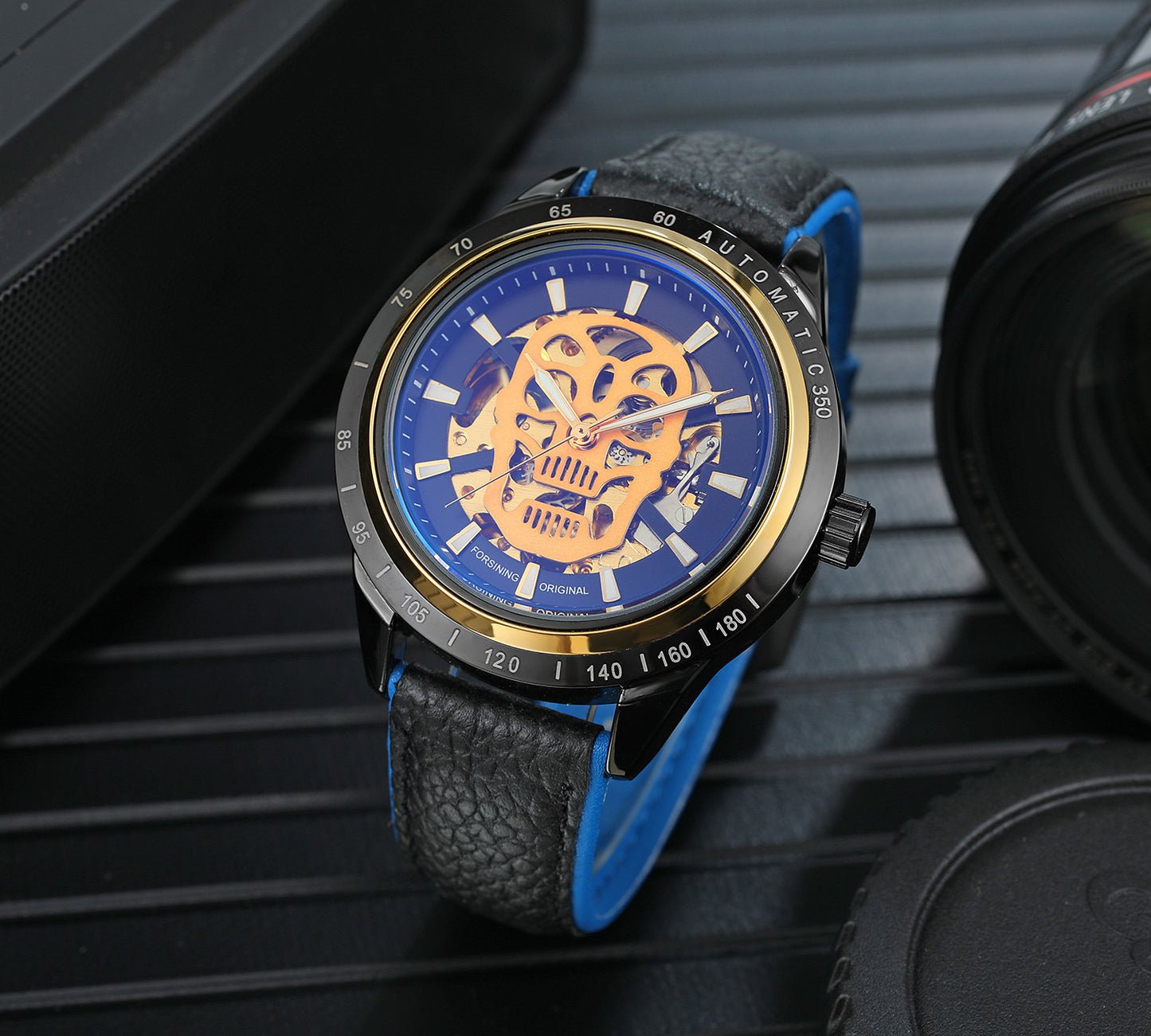 Casual Skull Watch Punk Trend Glass Back Blue Light Hollow Automatic Mechanical Watch