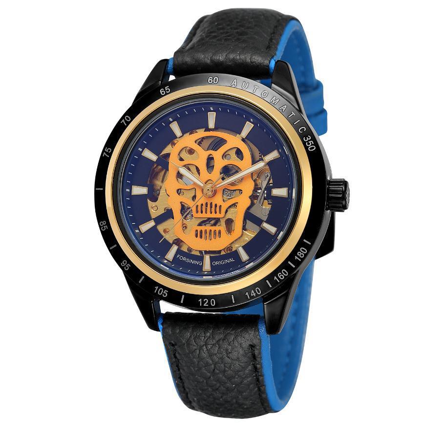 Casual Skull Watch Punk Trend Glass Back Blue Light Hollow Automatic Mechanical Watch