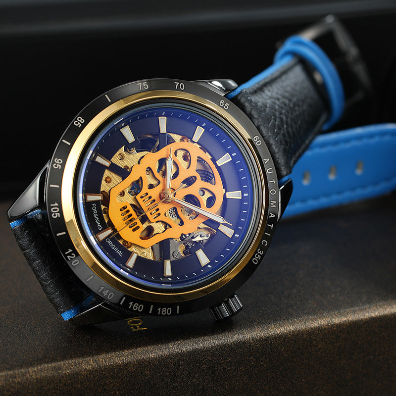 Casual Skull Watch Punk Trend Glass Back Blue Light Hollow Automatic Mechanical Watch