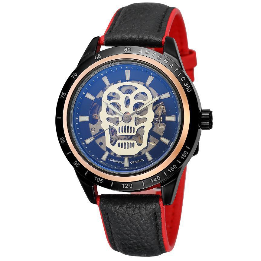 Casual Skull Watch Punk Trend Glass Back Blue Light Hollow Automatic Mechanical Watch