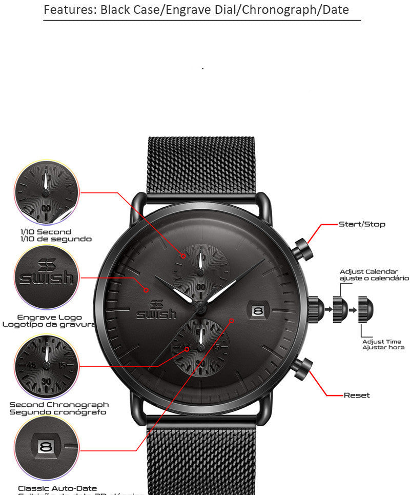 Waterproof Sports Mesh Belt Men's Round Watch