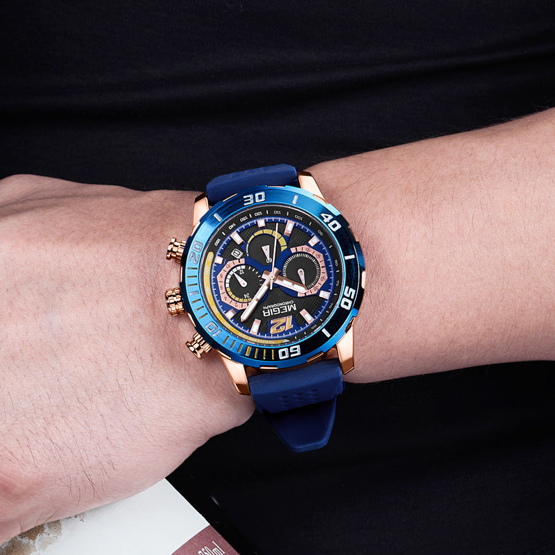 Fashion Big Dial Chronograph Calendar Silicone Waterproof Sports Watch