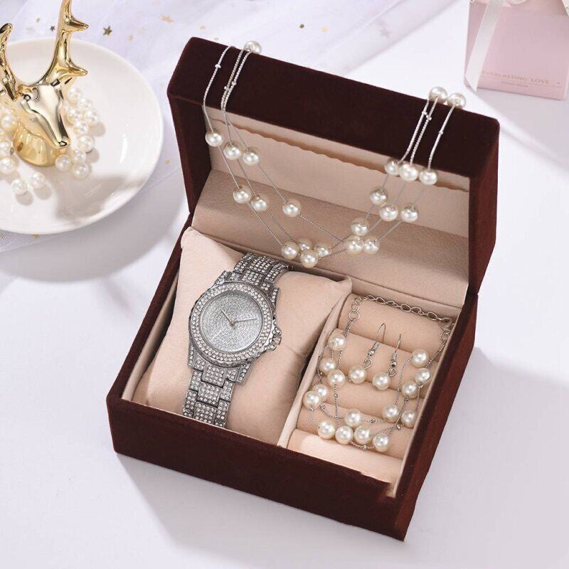 Conjunto de collar, pendientes y pulsera con perlas y reloj de diamantes para mujer