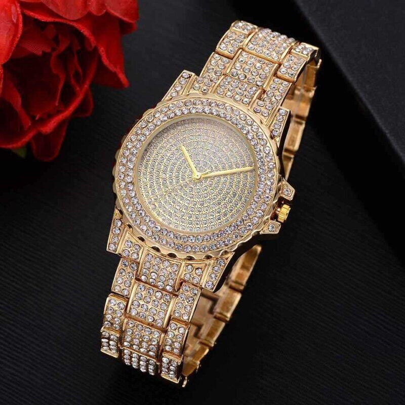 Conjunto de collar, pendientes y pulsera con perlas y reloj de diamantes para mujer