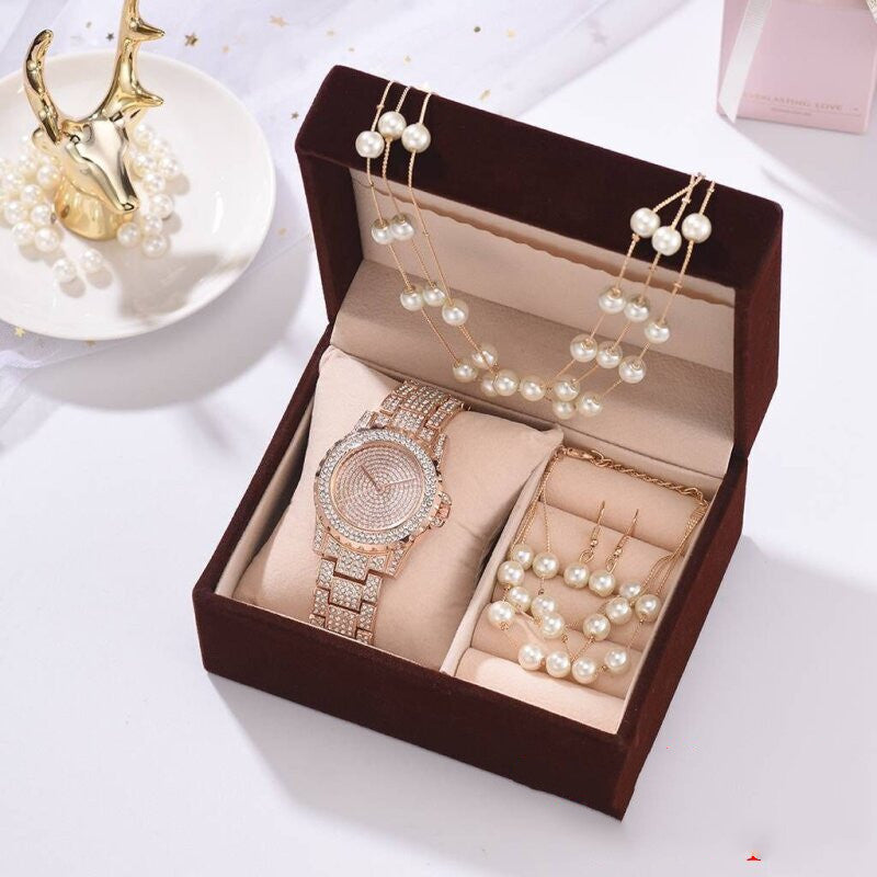 Conjunto de collar, pendientes y pulsera con perlas y reloj de diamantes para mujer