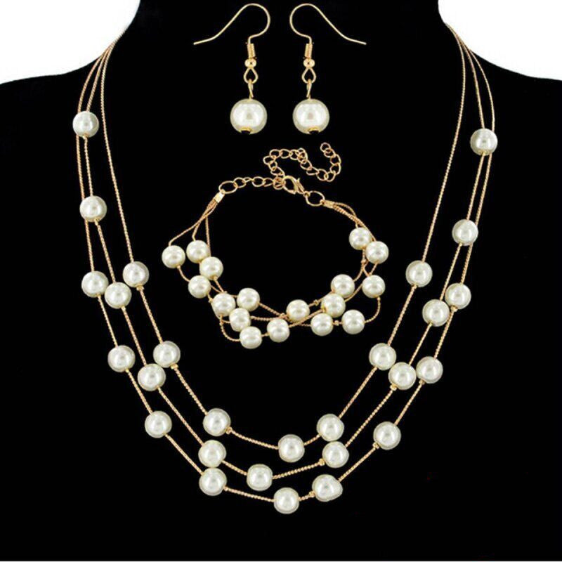 Conjunto de collar, pendientes y pulsera con perlas y reloj de diamantes para mujer