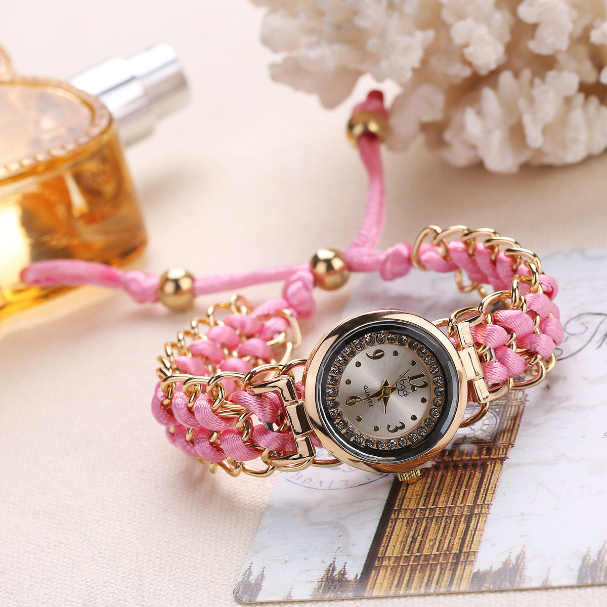 Reloj de pulsera analógico de cuarzo con movimiento de cuerda de punto y cadena de alta calidad para mujer