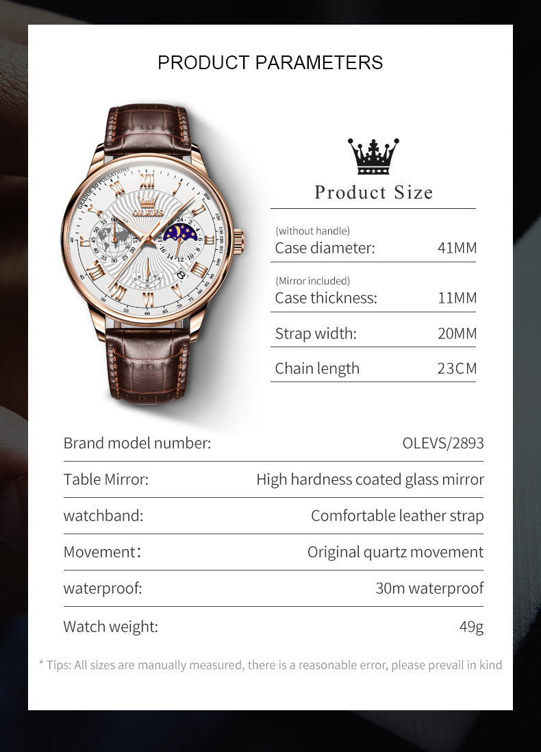 Reloj de cuarzo multifuncional para negocios, luminoso para hombre