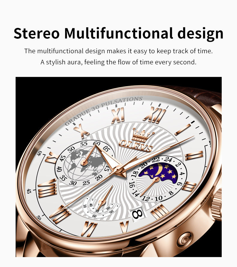 Reloj de cuarzo multifuncional para negocios, luminoso para hombre