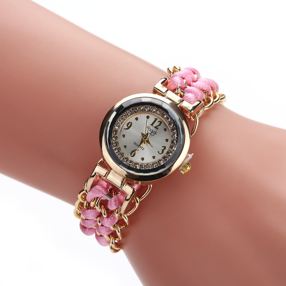 Reloj de pulsera analógico de cuarzo con movimiento de cuerda de punto y cadena de alta calidad para mujer
