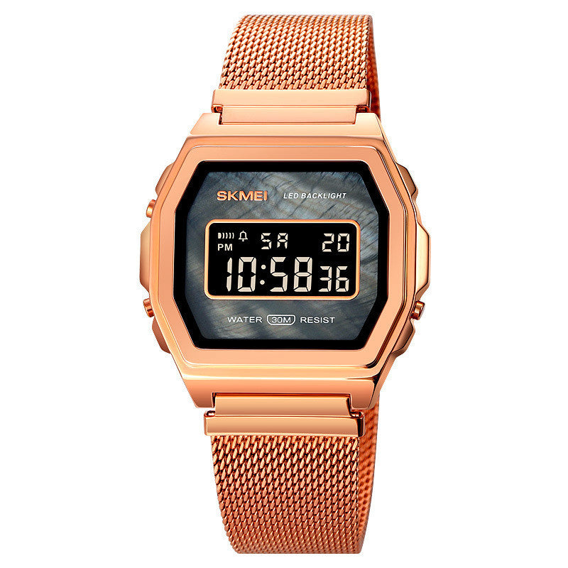 Reloj electrónico de acero inoxidable resistente al agua con personalidad y tendencia multifunción a la moda para estudiantes