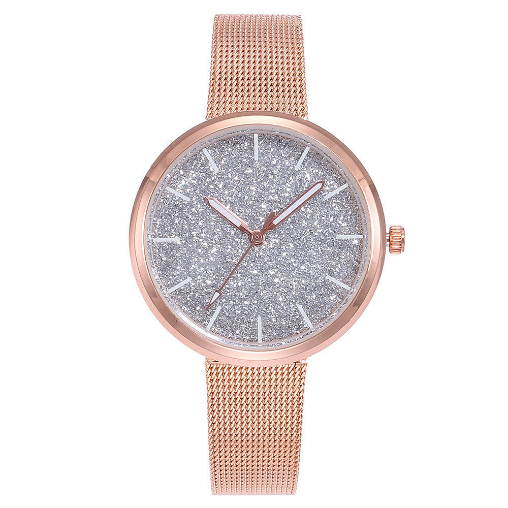 Reloj de pulsera romántico con diseño de cielo estrellado para mujer, informal, con correa de malla de acero y oro rosa, reloj con diamantes de imitación, reloj femenino