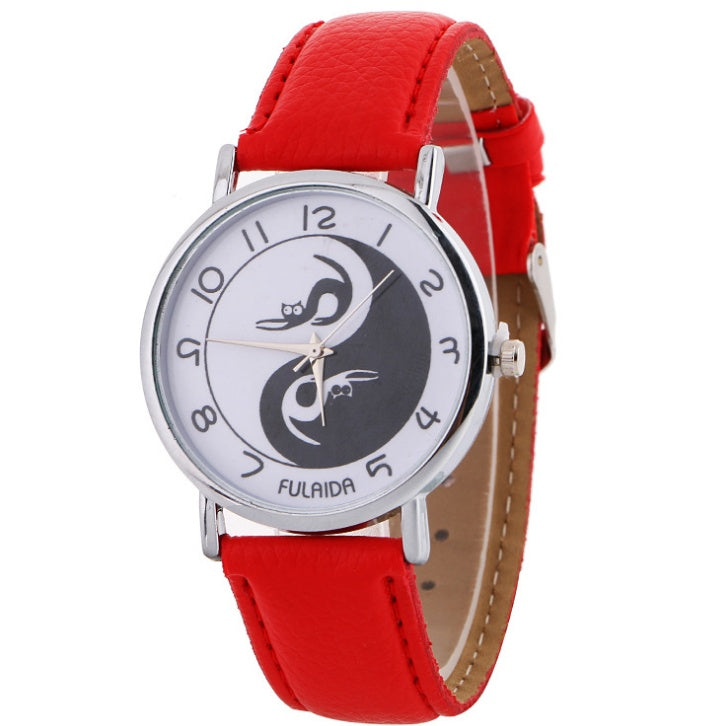 Reloj analógico de cuarzo con correa de piel sintética y estampado de gato lindo Yin-Yang para mujer