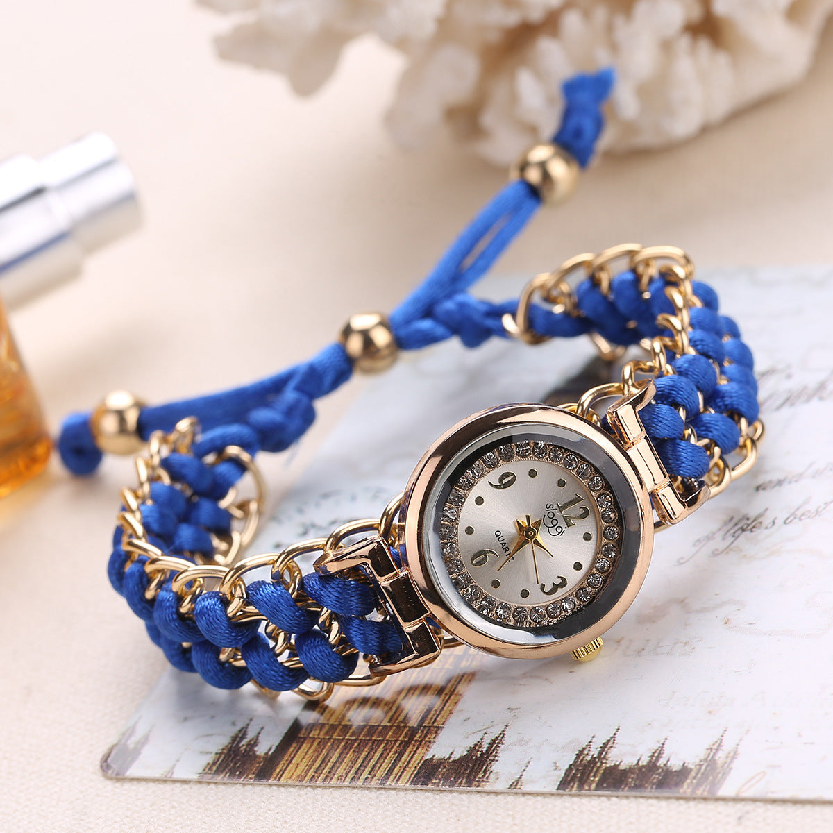 Reloj de pulsera analógico de cuarzo con movimiento de cuerda de punto y cadena de alta calidad para mujer
