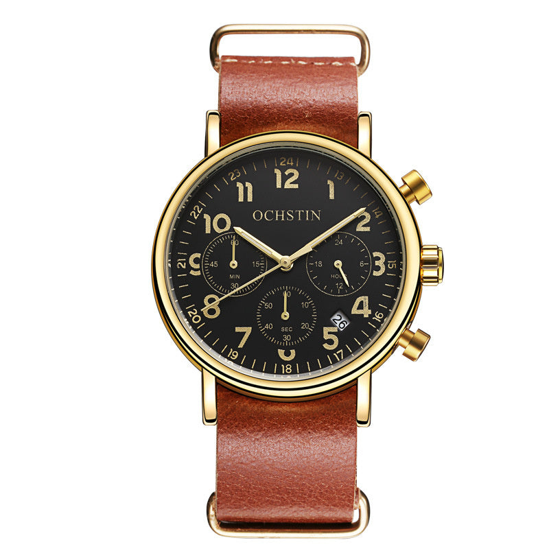 Multi-function three-eye calendar quartz watch
