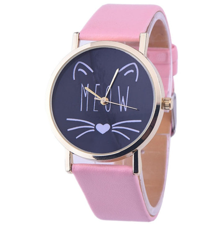 Reloj de pulsera analógico de cuarzo con correa de cuero PU y diseño de gato bonito de lujo para mujer