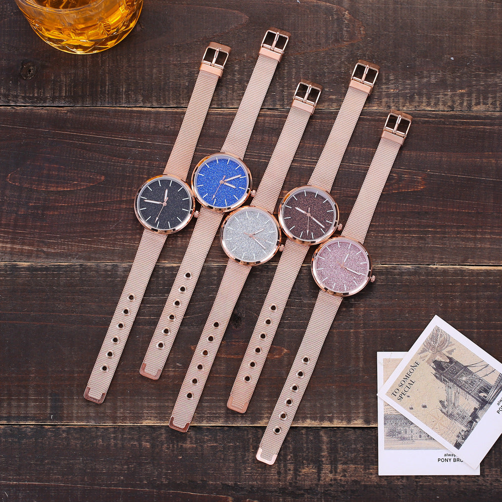 Reloj de pulsera romántico con diseño de cielo estrellado para mujer, informal, con correa de malla de acero y oro rosa, reloj con diamantes de imitación, reloj femenino