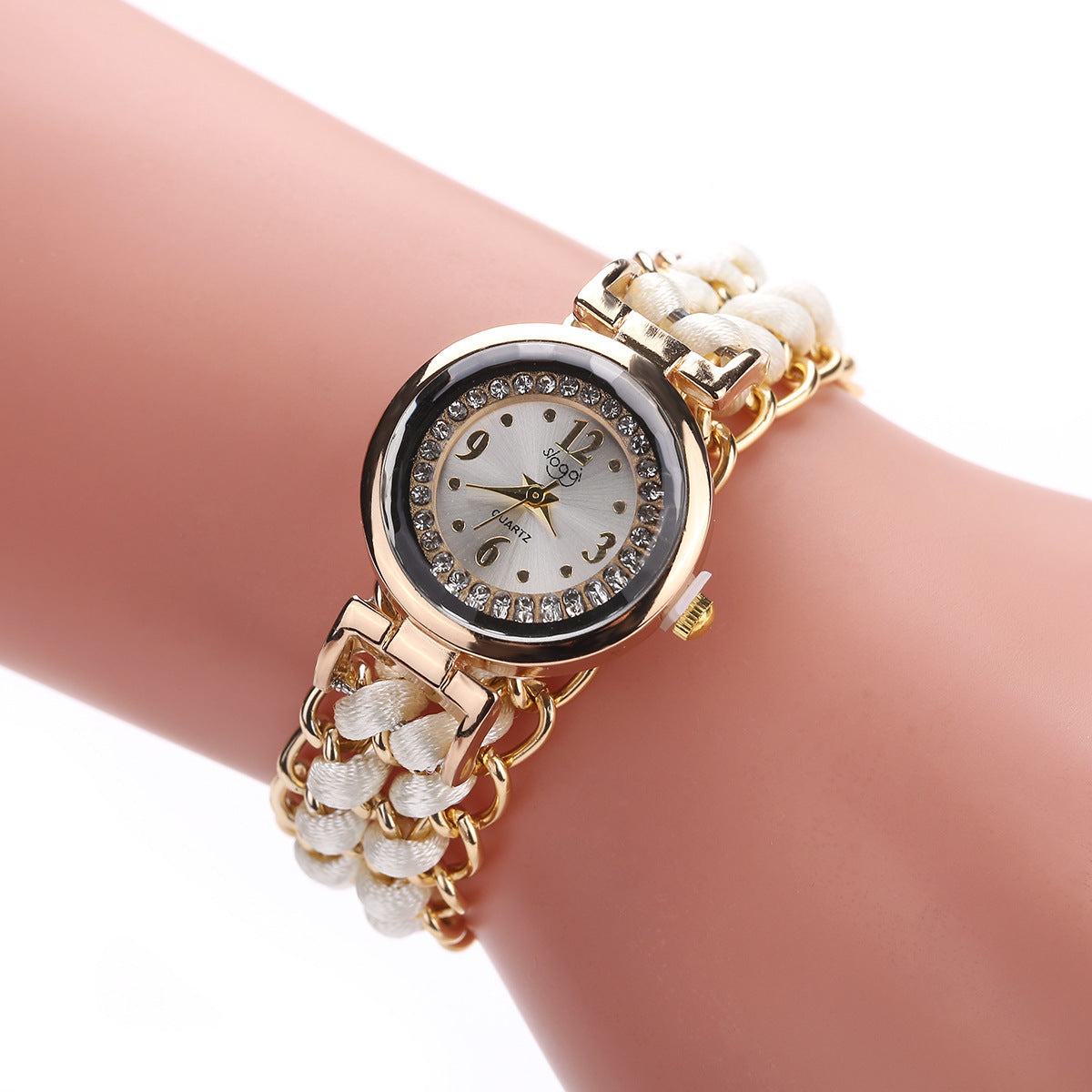 Reloj de pulsera analógico de cuarzo con movimiento de cuerda de punto y cadena de alta calidad para mujer