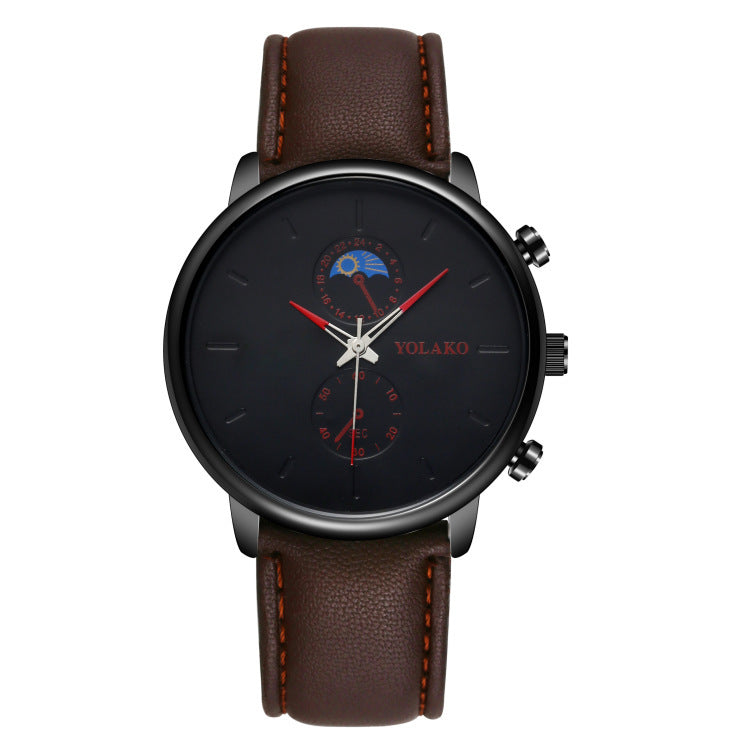 Reloj de cuarzo ultrafino con correa de cuero y dos ojos para hombre