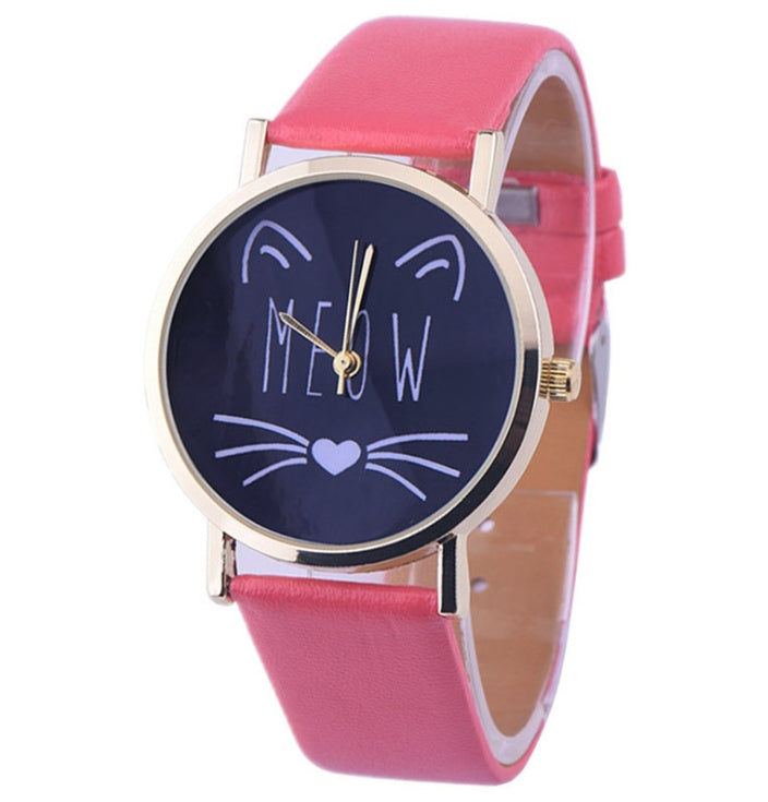 Reloj de pulsera analógico de cuarzo con correa de cuero PU y diseño de gato bonito de lujo para mujer