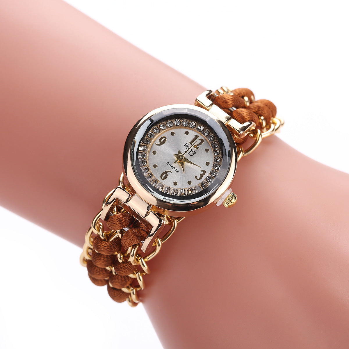 Reloj de pulsera analógico de cuarzo con movimiento de cuerda de punto y cadena de alta calidad para mujer