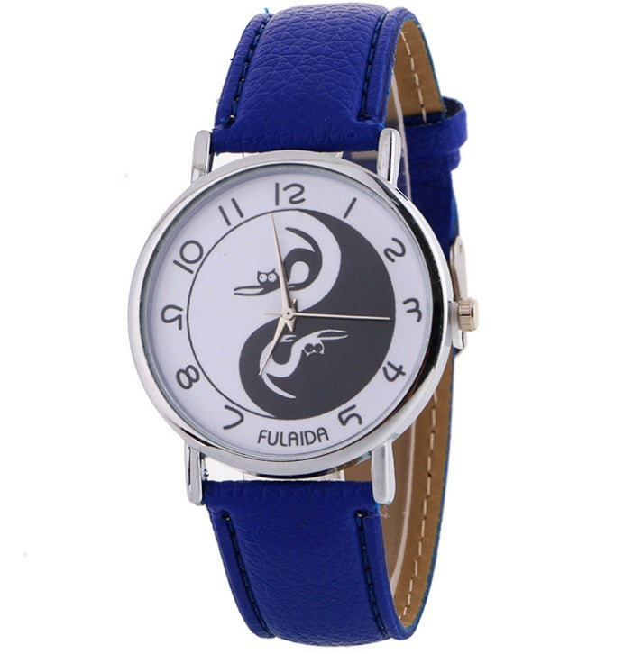 Reloj analógico de cuarzo con correa de piel sintética y estampado de gato lindo Yin-Yang para mujer