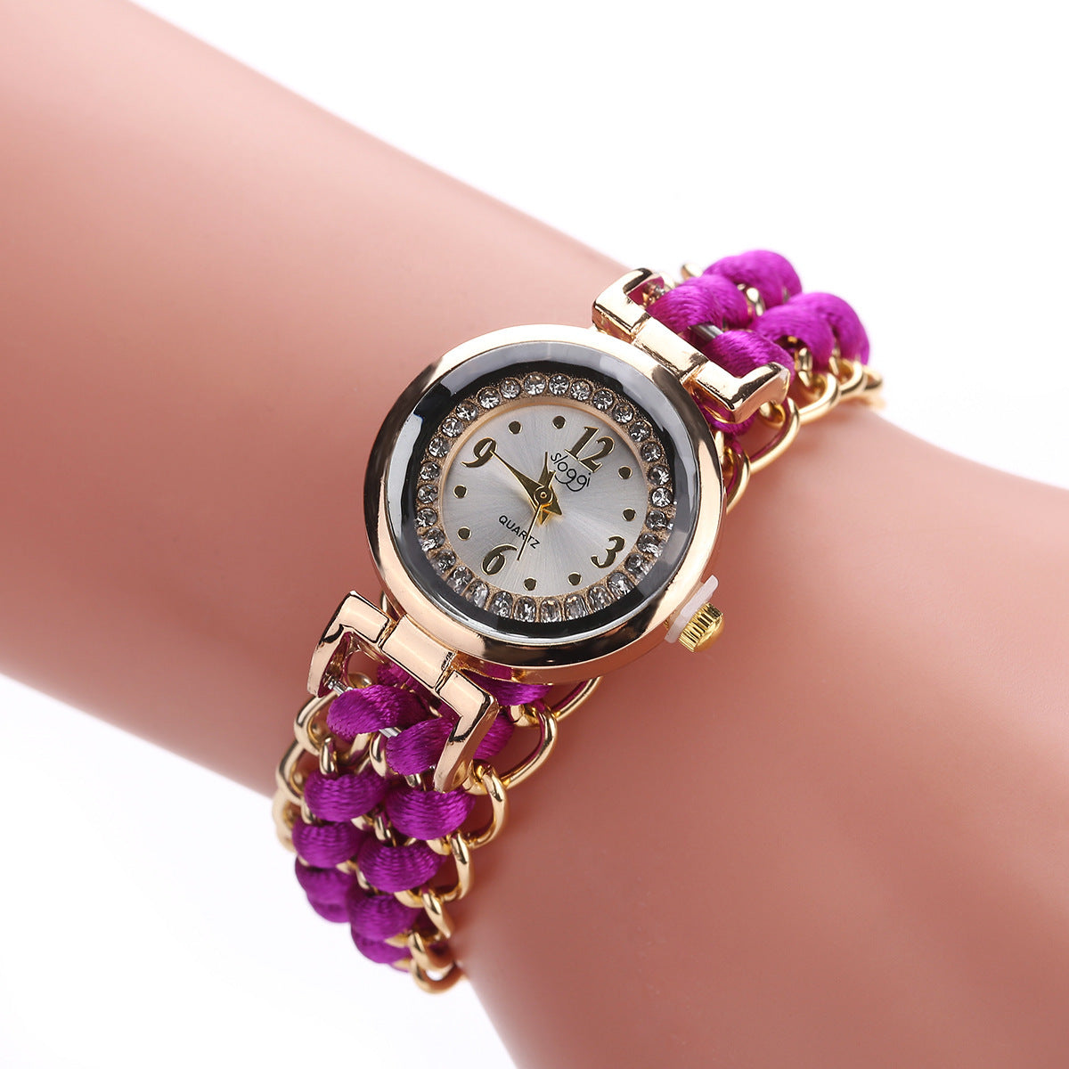 Reloj de pulsera analógico de cuarzo con movimiento de cuerda de punto y cadena de alta calidad para mujer