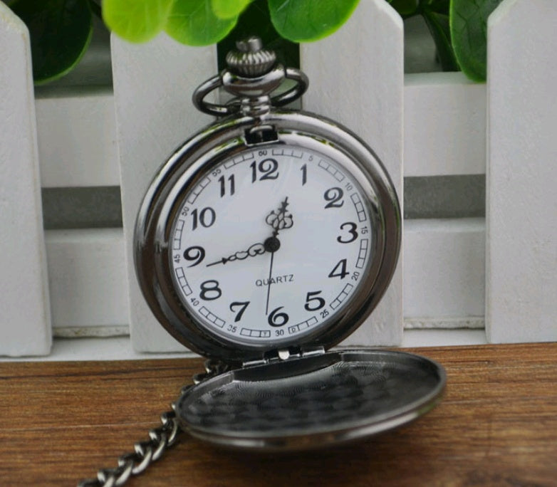 Reloj de bolsillo con tapa estilo retro de moda continental de acero de tungsteno pulido negro para hombres y mujeres, reloj de bolsillo de regalo antiguo