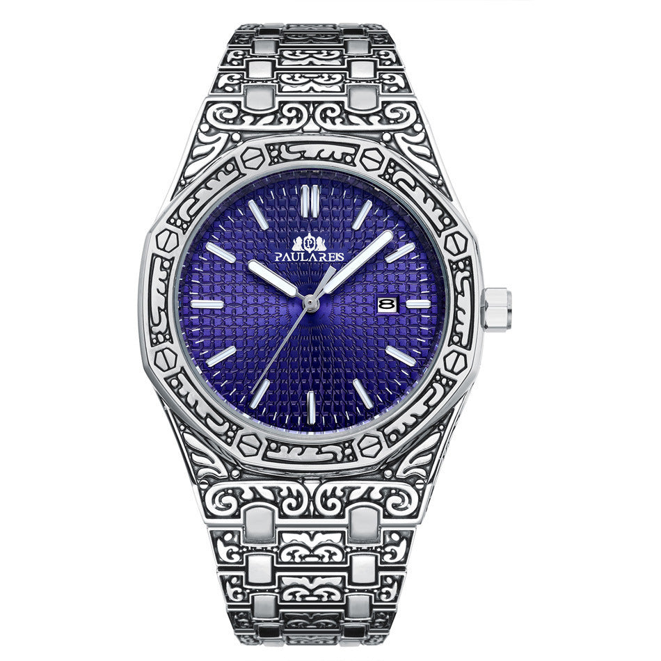 PAULAREIS Quartz Carved Oak Calendar Luminous Men's Watch