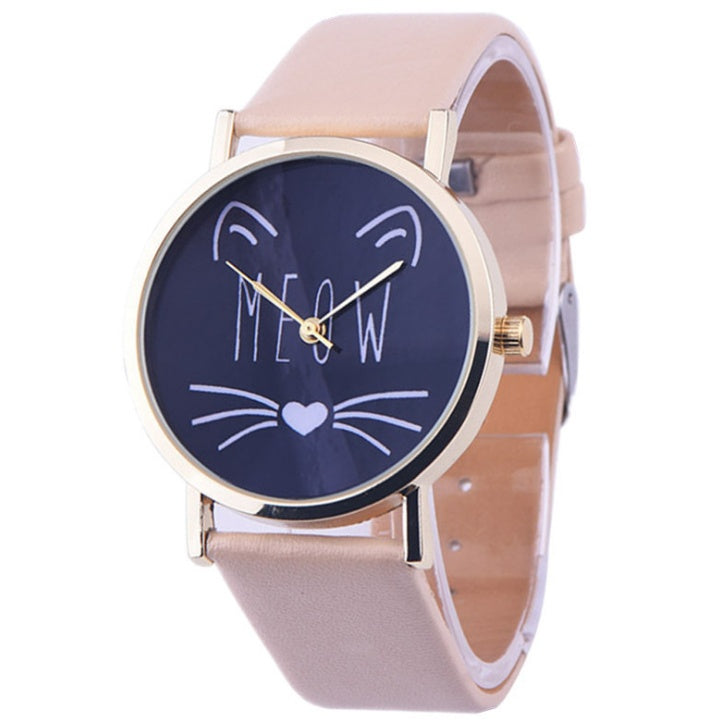 Reloj de pulsera analógico de cuarzo con correa de cuero PU y diseño de gato bonito de lujo para mujer