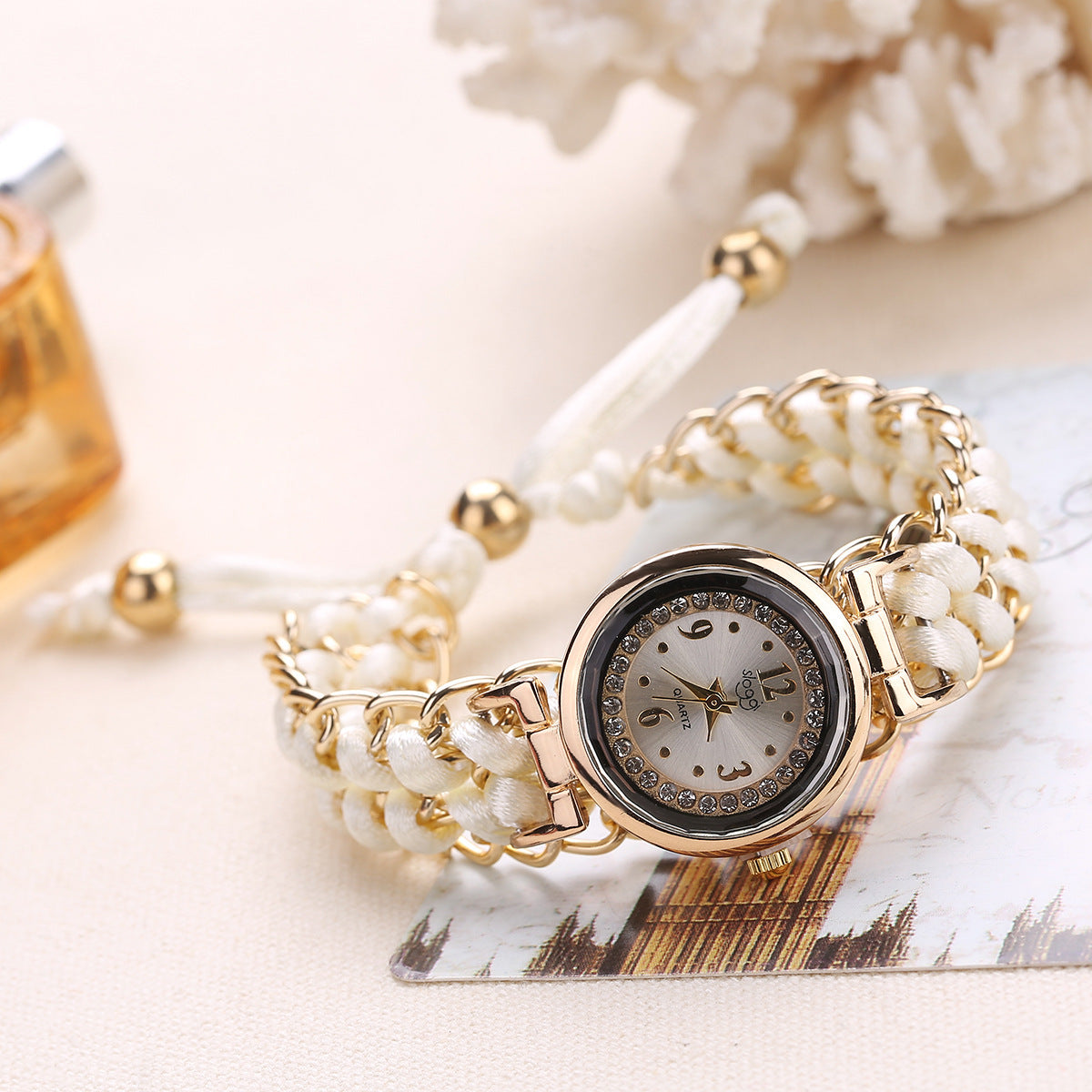 Reloj de pulsera analógico de cuarzo con movimiento de cuerda de punto y cadena de alta calidad para mujer