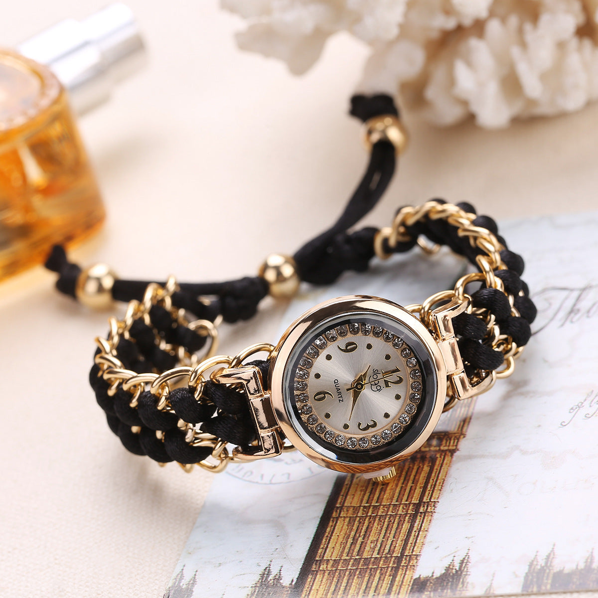 Reloj de pulsera analógico de cuarzo con movimiento de cuerda de punto y cadena de alta calidad para mujer