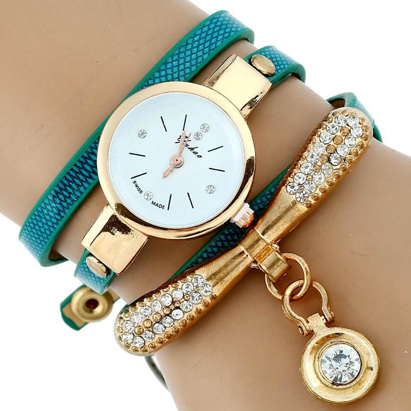 Reloj de pulsera de cuarzo informal de cuero sintético para mujer, nuevo, de lujo, con diamantes de imitación y pulsera de oro, Gnova Platinum Fashion