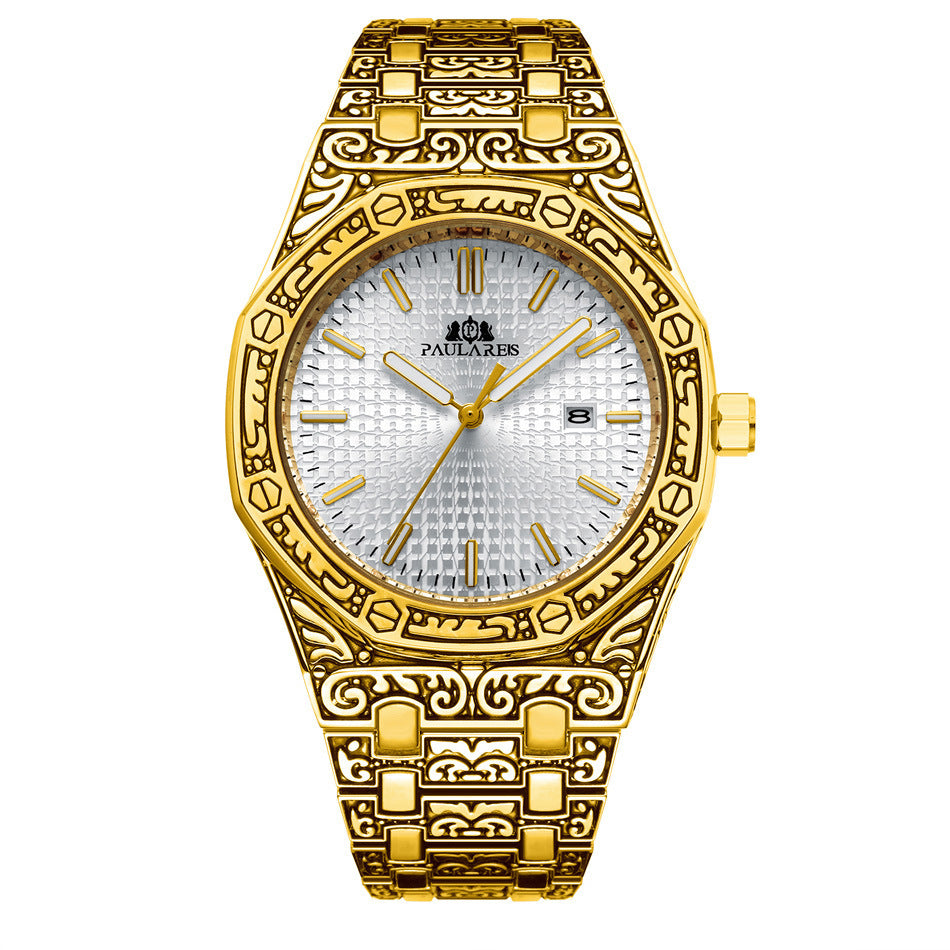 PAULAREIS Quartz Carved Oak Calendar Luminous Men's Watch