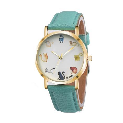 Reloj de pulsera con diseño de gato y zorro para mujer, de piel sintética, con esfera redonda, a la moda, para estudiantes