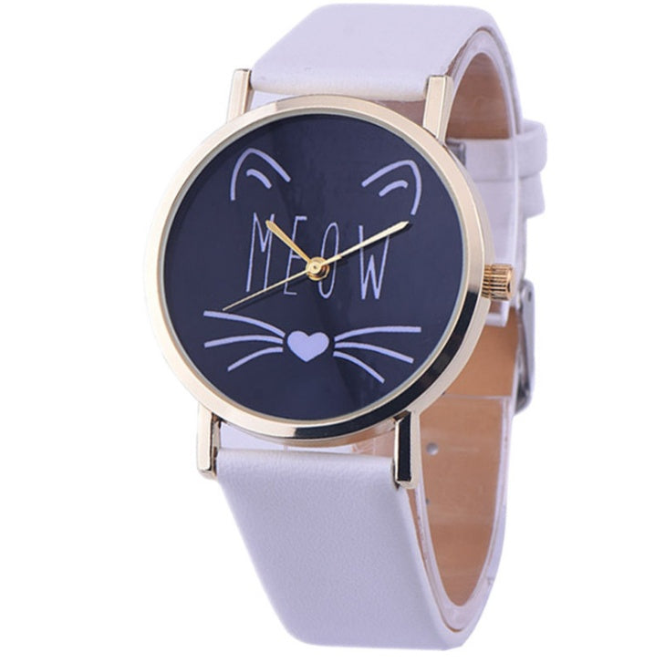 Reloj de pulsera analógico de cuarzo con correa de cuero PU y diseño de gato bonito de lujo para mujer