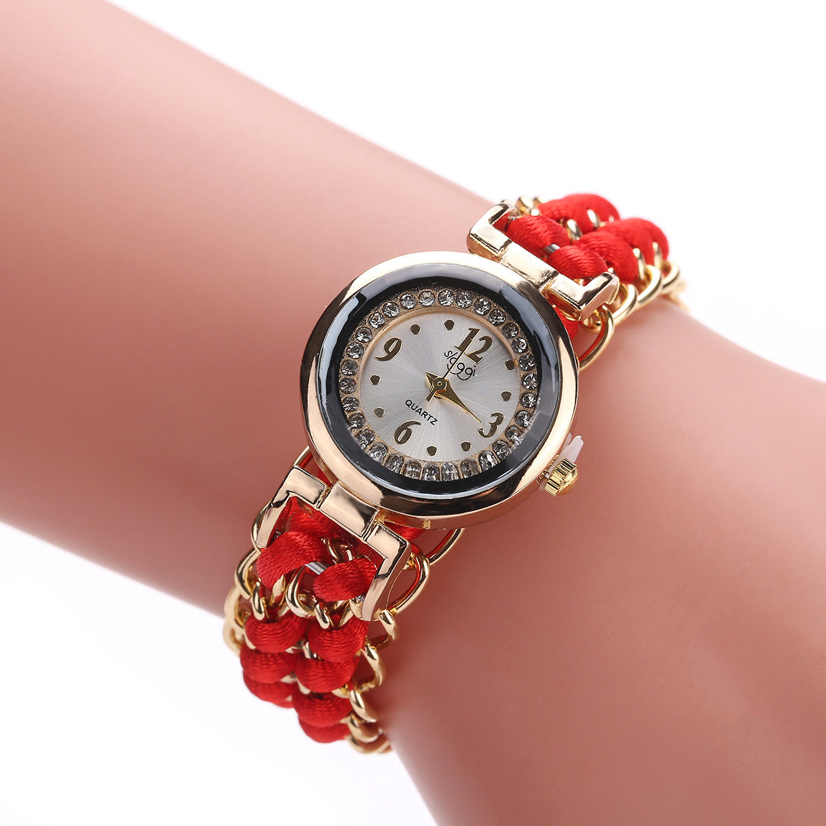 Reloj de pulsera analógico de cuarzo con movimiento de cuerda de punto y cadena de alta calidad para mujer